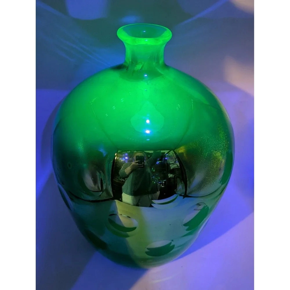 Vintage Uranium Mercury Emerald Green Blown Glass‎ Dimpled Vase MCM Decor 11.5
